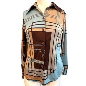 Free Paris Size XS Blouse Button Up Abstract Geometric Retro 70s Blue Brown
